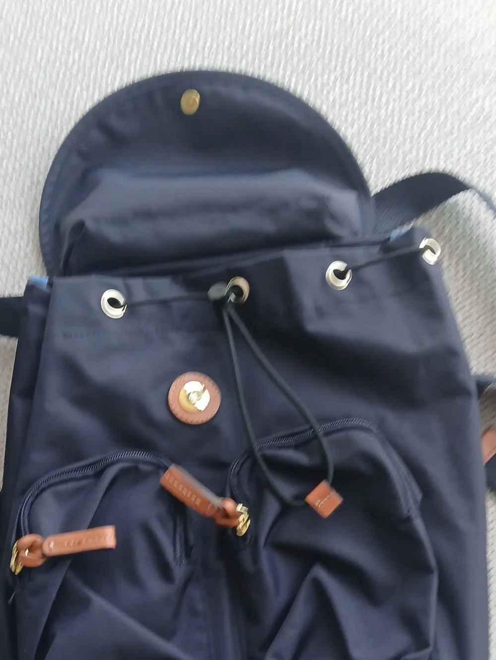 Brics Navy Nylon Backpack with Brown Leather Trim .